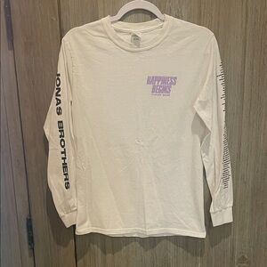 White Long Sleeve Tour Shirt with Purple and Black Text